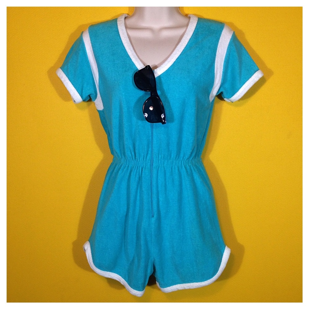 Vintage '70s turquoise Terry cloth Romper,…